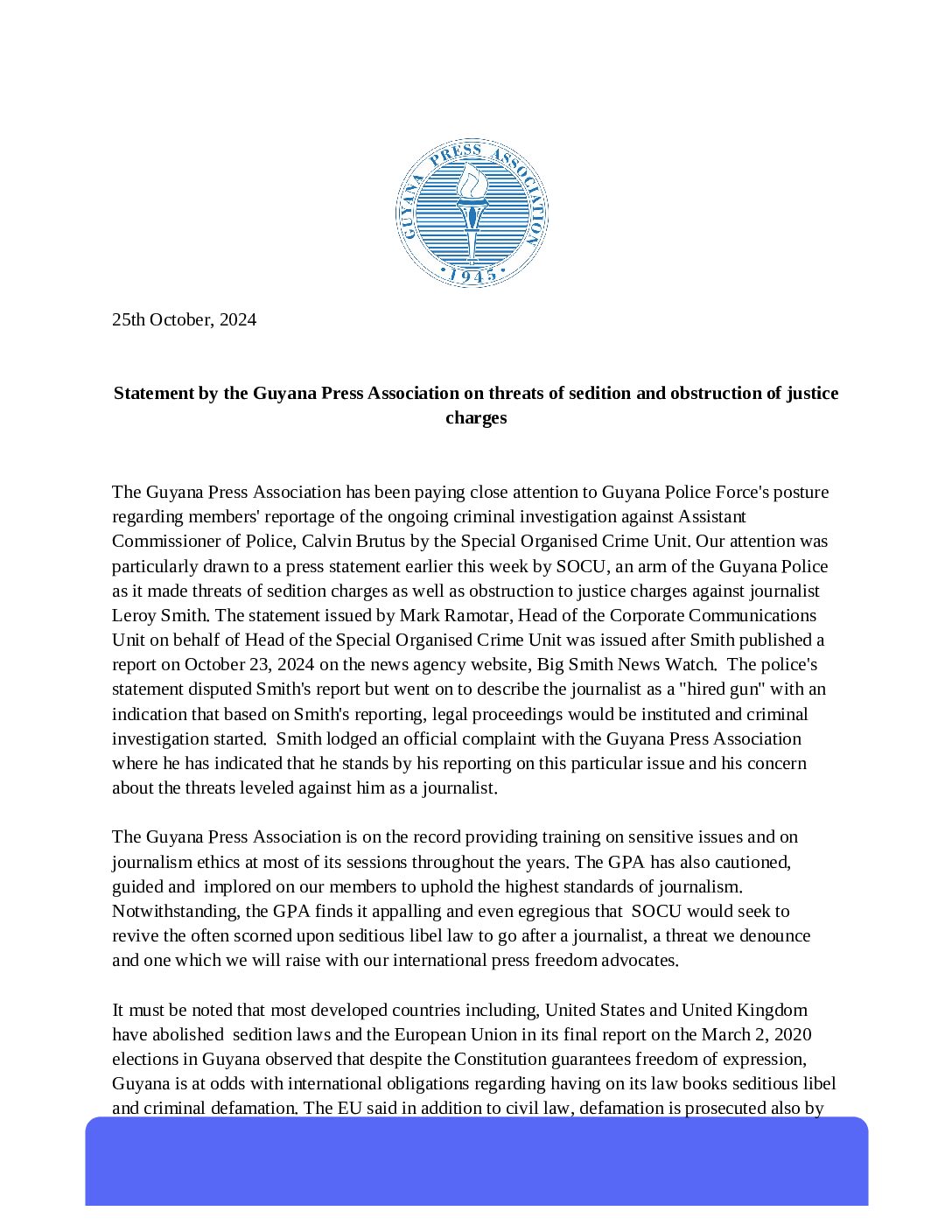 GPA Press Statement on threats of sedition and obstruction of justice charges