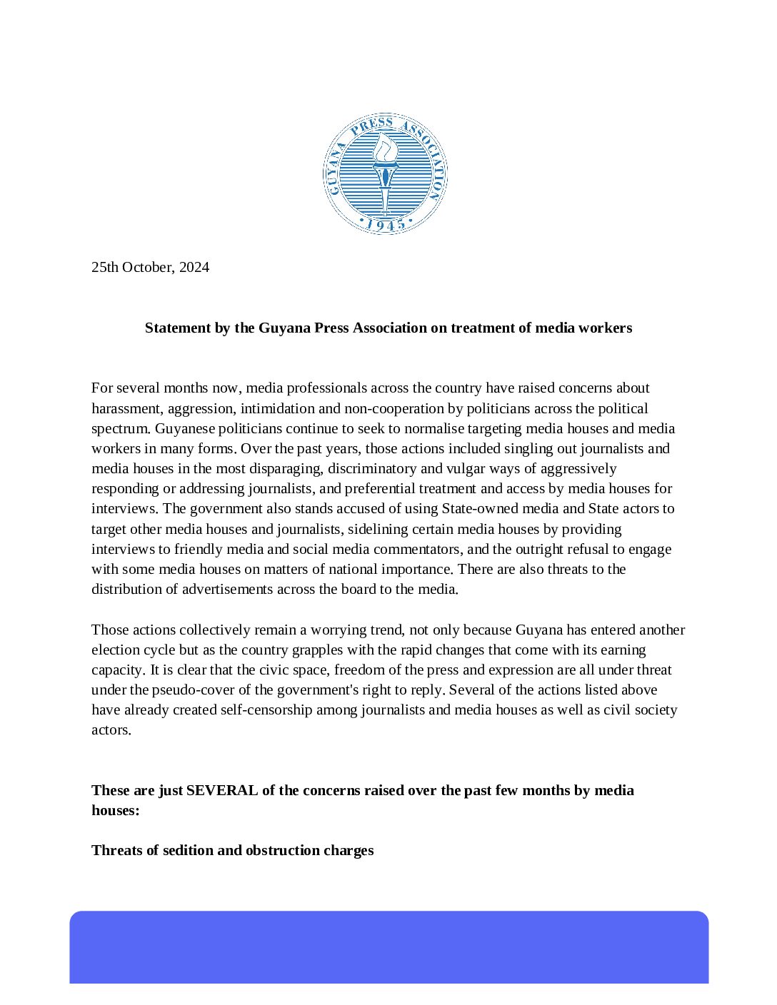 GPA Press Statement on treatment of media workers