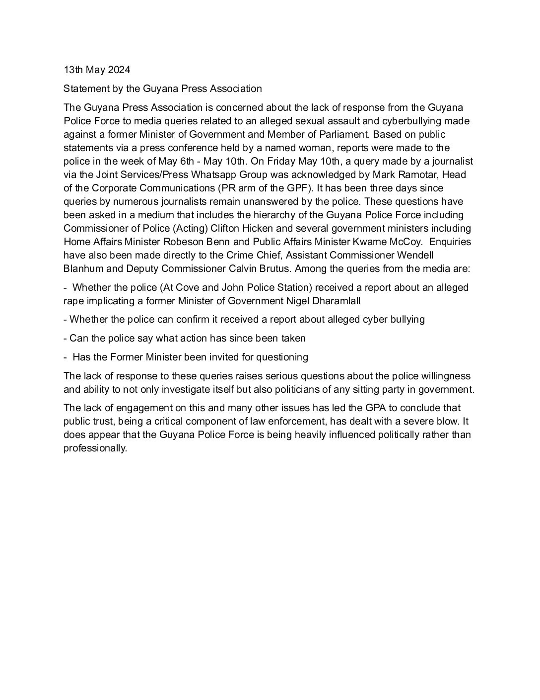 GPA Statement on the police