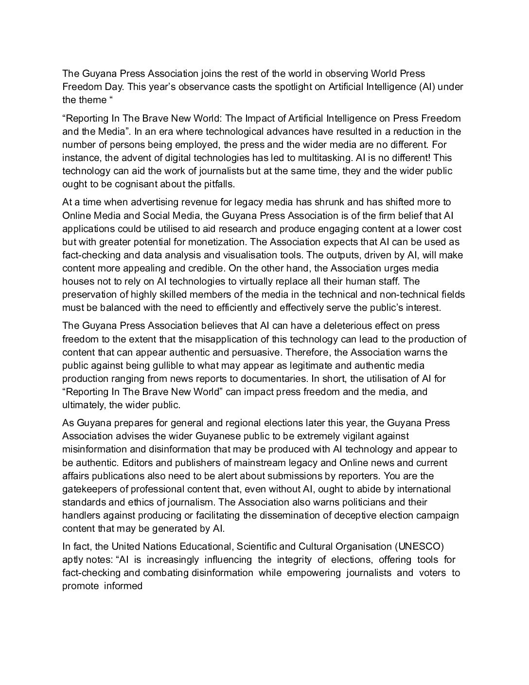 Guyana Press Association World Press Freedom Day 2025 Statement