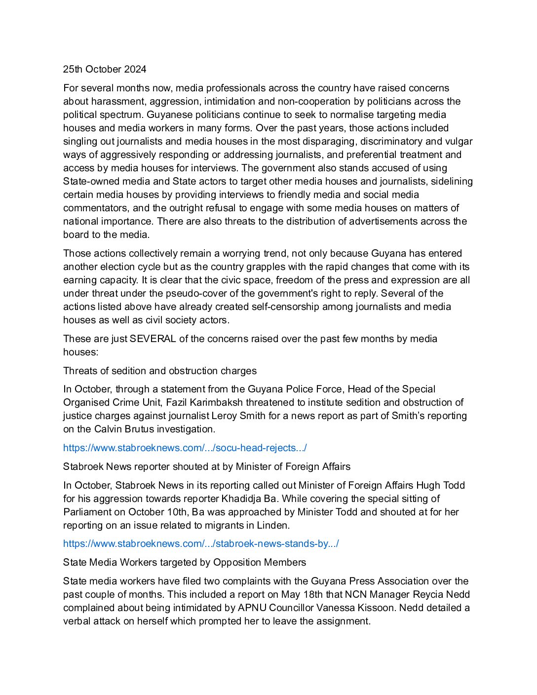 Statement by the Guyana Press Association on treatment of media workers